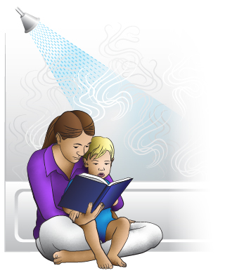 <strong>First Aid - Croup with Stridor</strong> <ul><li>Stridor is a harsh, tight sound with breathing in. Stridor means the croup is severe.</li><li>Breathe warm mist in a closed bathroom with the hot shower running. Do this for 20 minutes.</li><li>Other Option: Use a wet washcloth held near the face. You can also use a humidifier containing warm water.</li><li>Caution: do not use very hot water or steam. These can cause burns. Hot steam can also cause high body temperatures.</li><li>If warm mist doesn't work, breathe cool air by standing near an open refrigerator. You can also go outside with your child if the weather is cold. Do this for a few minutes.</li></ul>