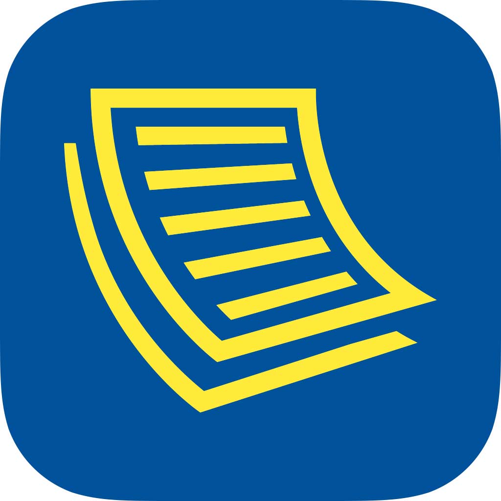 Yellow stylized document icon with horizontal lines on a blue rounded square background.