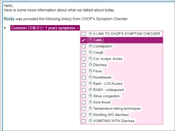 A computer screen with a list of symptoms and a link to Chop's Symptom Checker.
