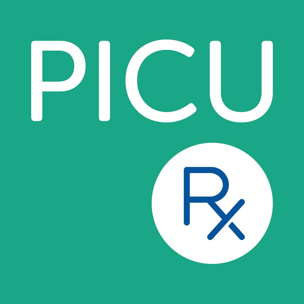Green square with white letters PICU and a white circle containing a blue Rx symbol.