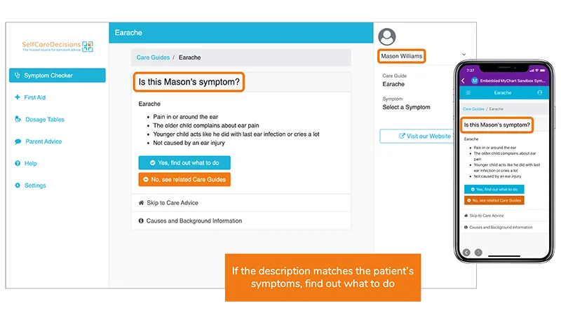 A screen shot of a website with a description of what to do if the description matches the patient's symptoms.