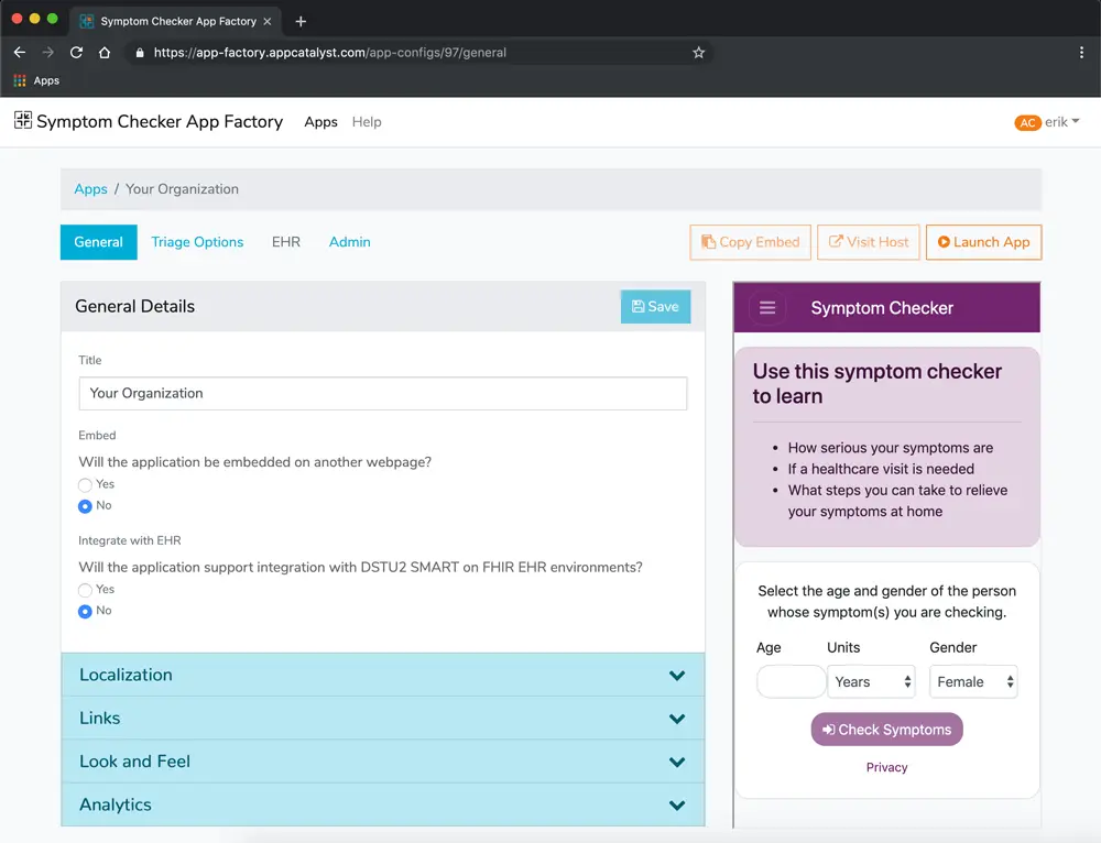 A website page with a checker app that allows users to check their symptoms.
