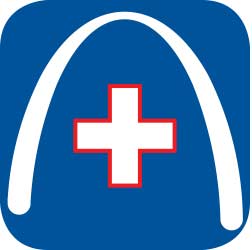 White medical cross outlined in red inside a blue rounded square with a white arch above the cross.