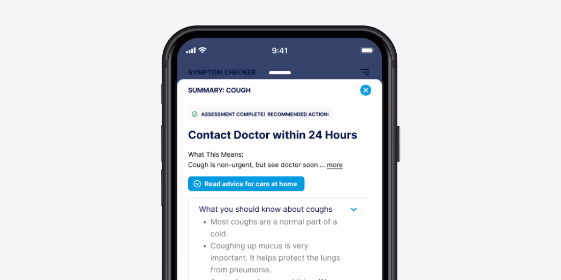 A smartphone screen shows a page about coughs.